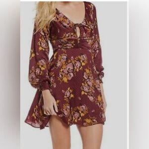 Free People Burgundy Floral Long Sleeve Mini Dress Size 8